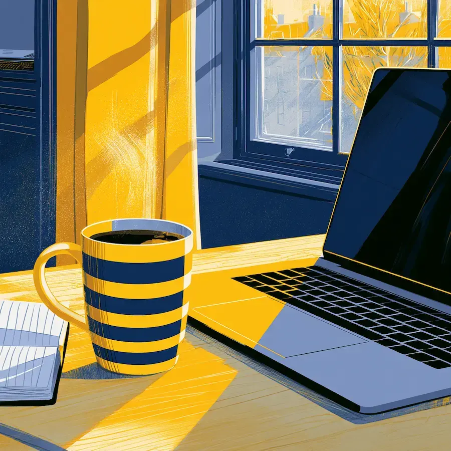 the image depicts a cozy indoor scene with a laptop on a desk, suggesting a work or study environment