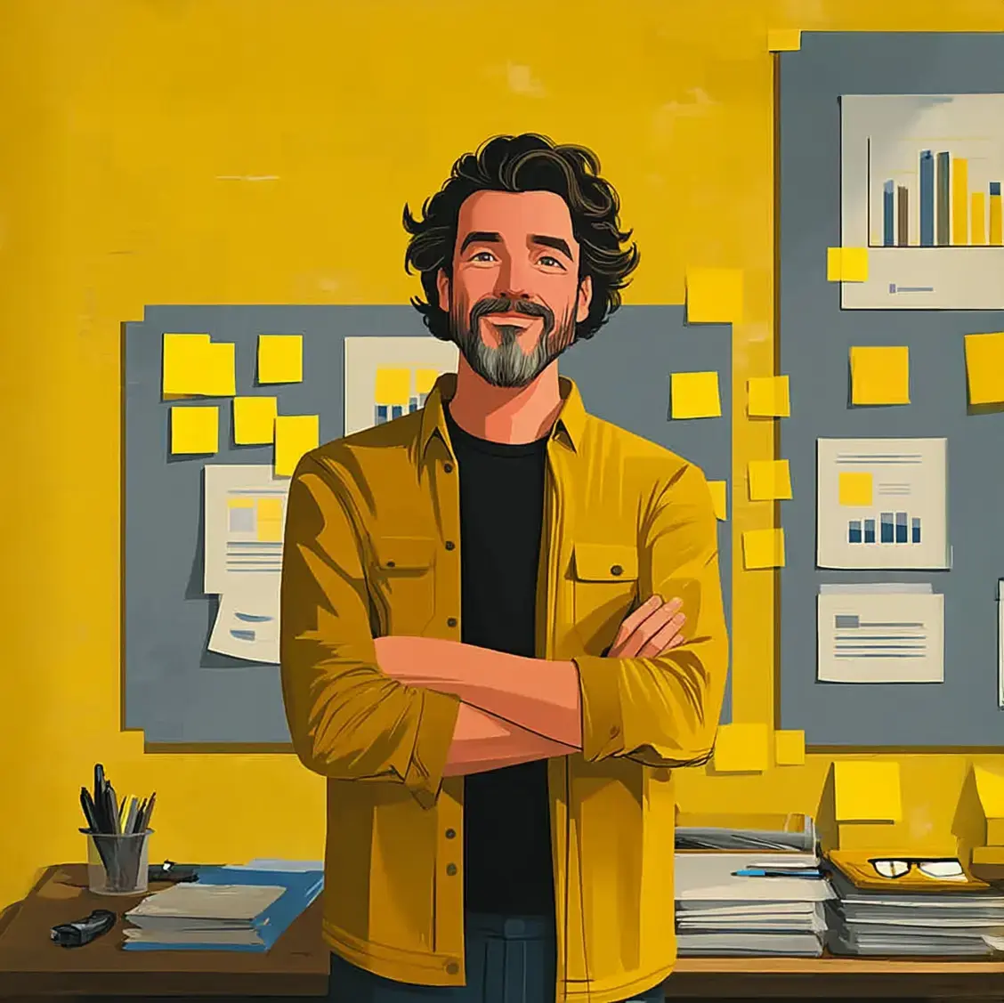 A man wearing a yellow shirt in a office setting